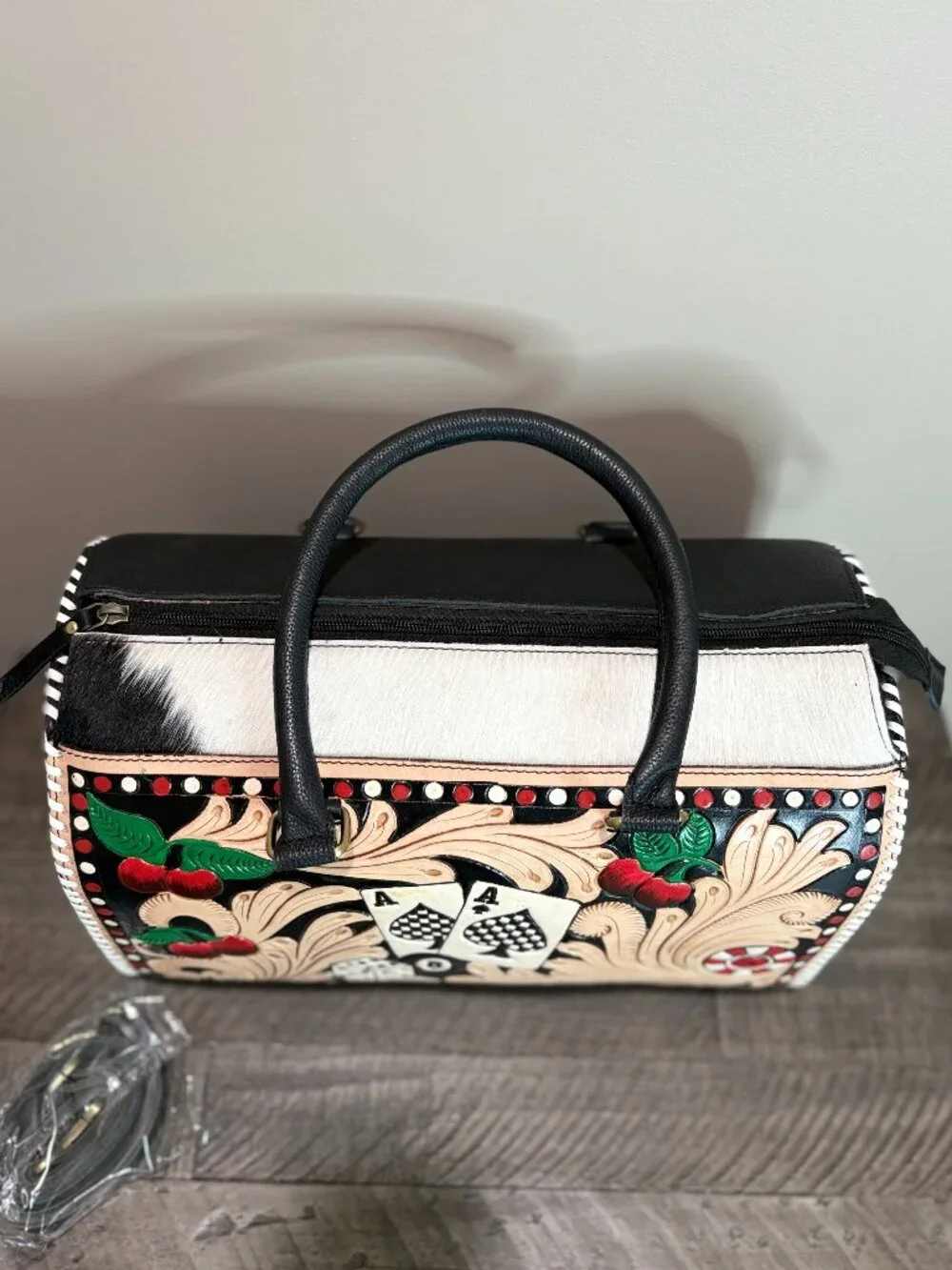 Hand Painted Tooled Leather Large Satchel Barrel Bag Cowhide Leather